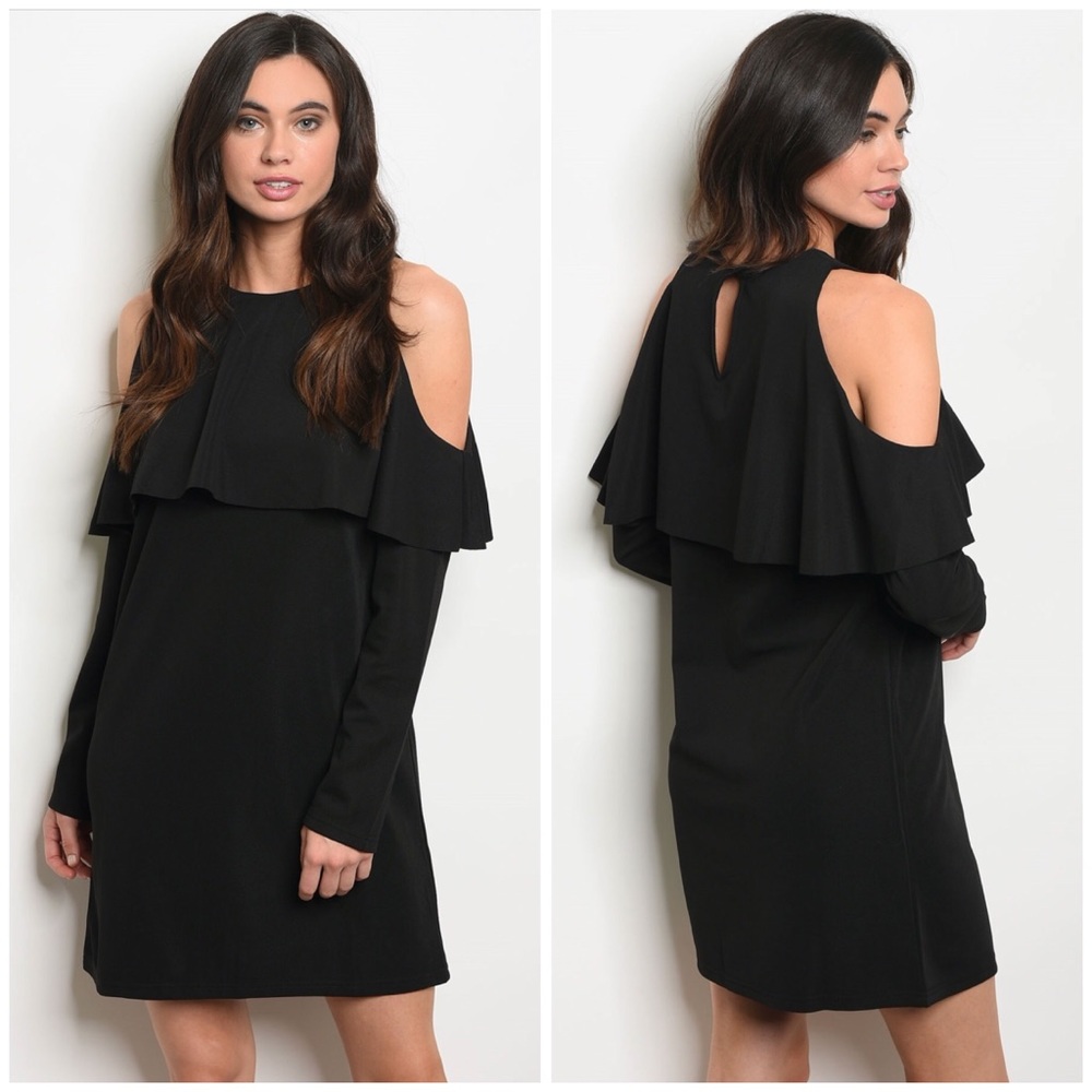 Black Cold Shoulder Ruffle Top Dress